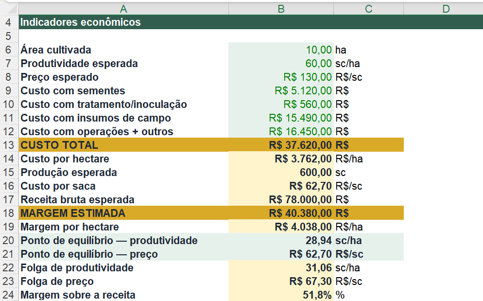 Tela da planilha Soja no Lucro com indicadores econômicos de um exemplo demonstrativo